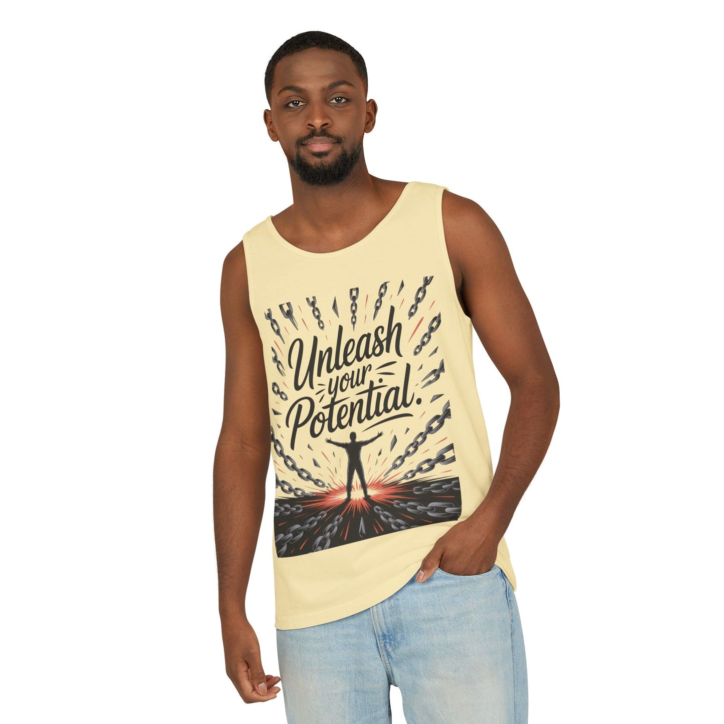 Men's Motivational Tank Top, "Unleash Your Potential" Graphic, Inspirational Gym Wear, Fitness Apparel, Summer Top, Gift for Him