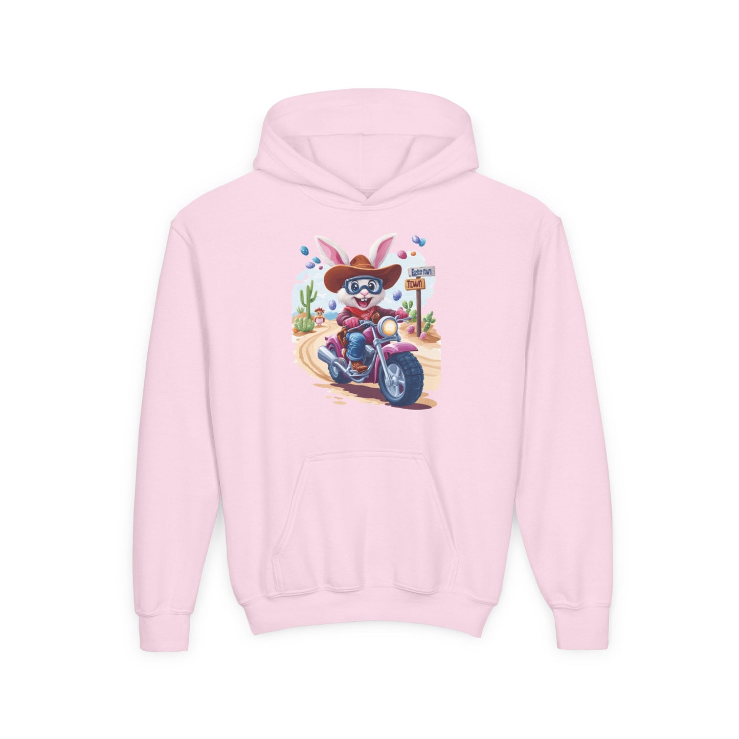 Easter Biker Bunny Youth Hoodie - Fun Spring Sweatshirt for Kids with Cute Motorcycle Bunny, Perfect for Easter & Holiday Gifting