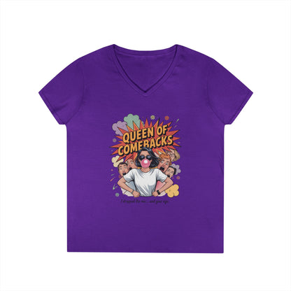 Queen of Comebacks V-Neck T-Shirt, Funny Graphic Tee, Gift for Friends, Humor Apparel, Casual Wear, Comedic Shirt