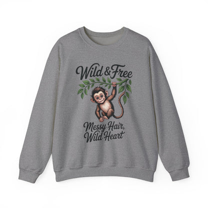 Wild & Free Monkey Sweatshirt, Messy Hair Wild Heart Womens Pullover, Cute Jungle Animal Sweater, Boho Adventure Graphic, Nature Lover Gift