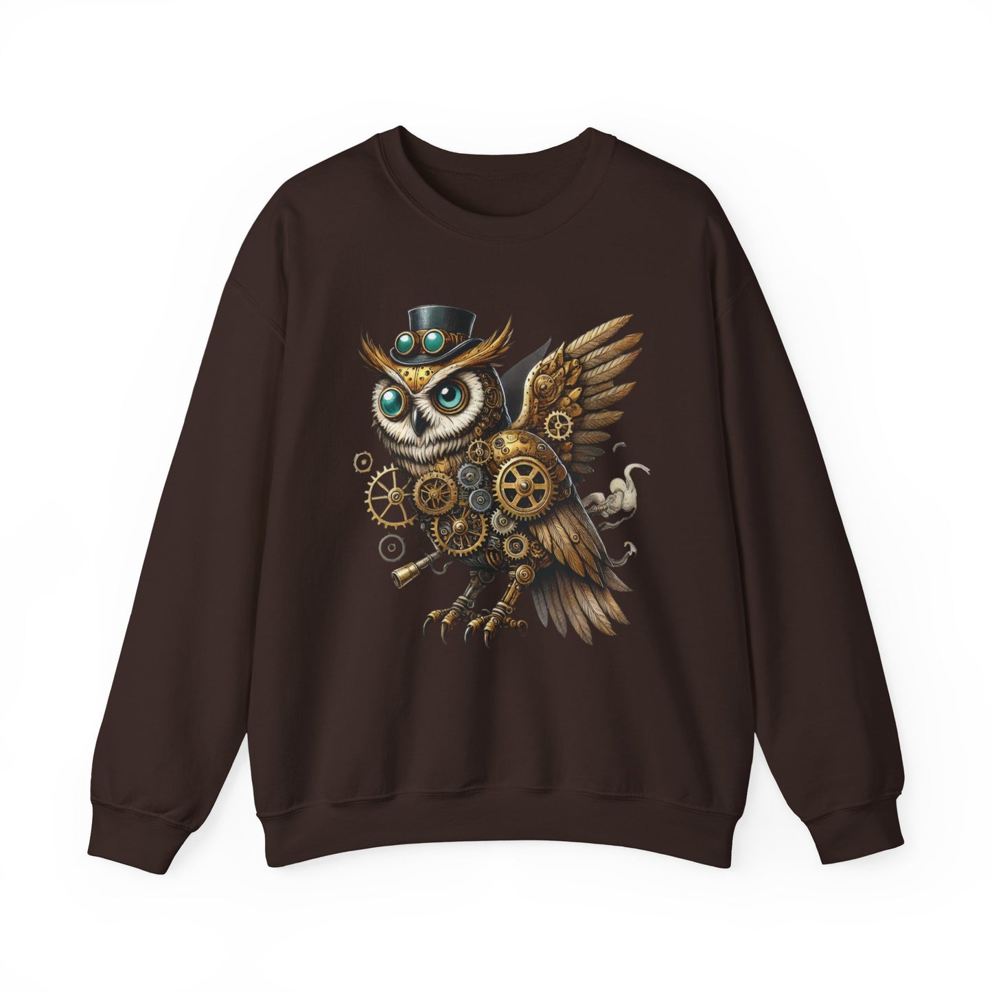 Steampunk Owl Unisex Crewneck Sweatshirt, Vintage Mechanical Gears Fantasy Bird Graphic Pullover, Gift for Owl Lovers