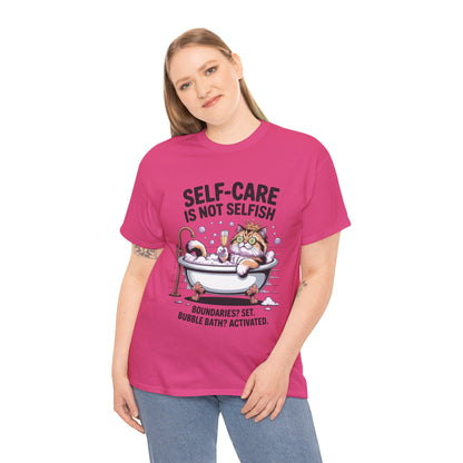 Womens Heavy Cotton Tee, Self-Care Cat Shirt, Funny Cat Bubble Bath Tee, Relaxing Kitty Graphic, Self Care Is Not Selfish Womens T-Shirt