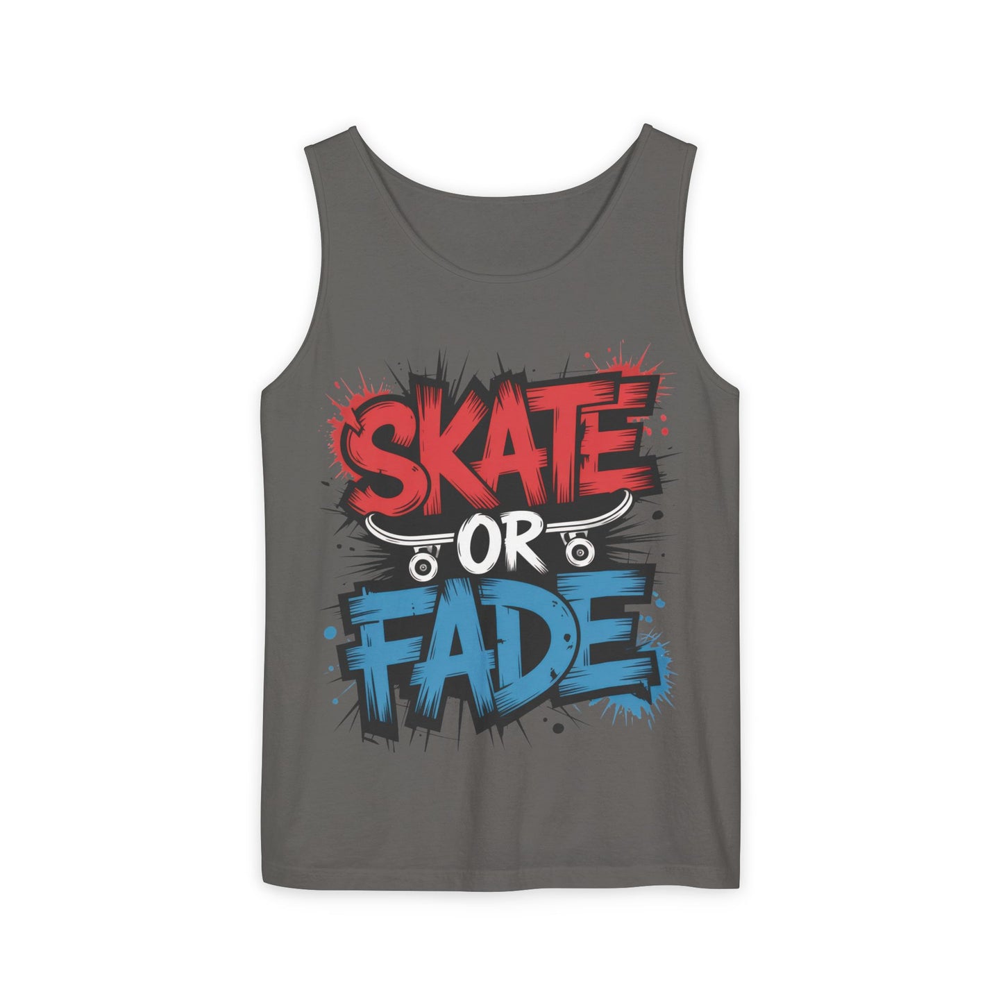Skate Or Fade Men's Tank Top, Graffiti Skateboard Graphic Muscle Shirt, Urban Streetwear Sleeveless Top, Men's Garment-Dyed Tank Top