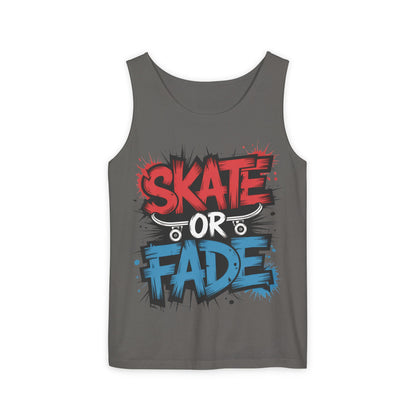 Skate Or Fade Men's Tank Top, Graffiti Skateboard Graphic Muscle Shirt, Urban Streetwear Sleeveless Top, Men's Garment-Dyed Tank Top