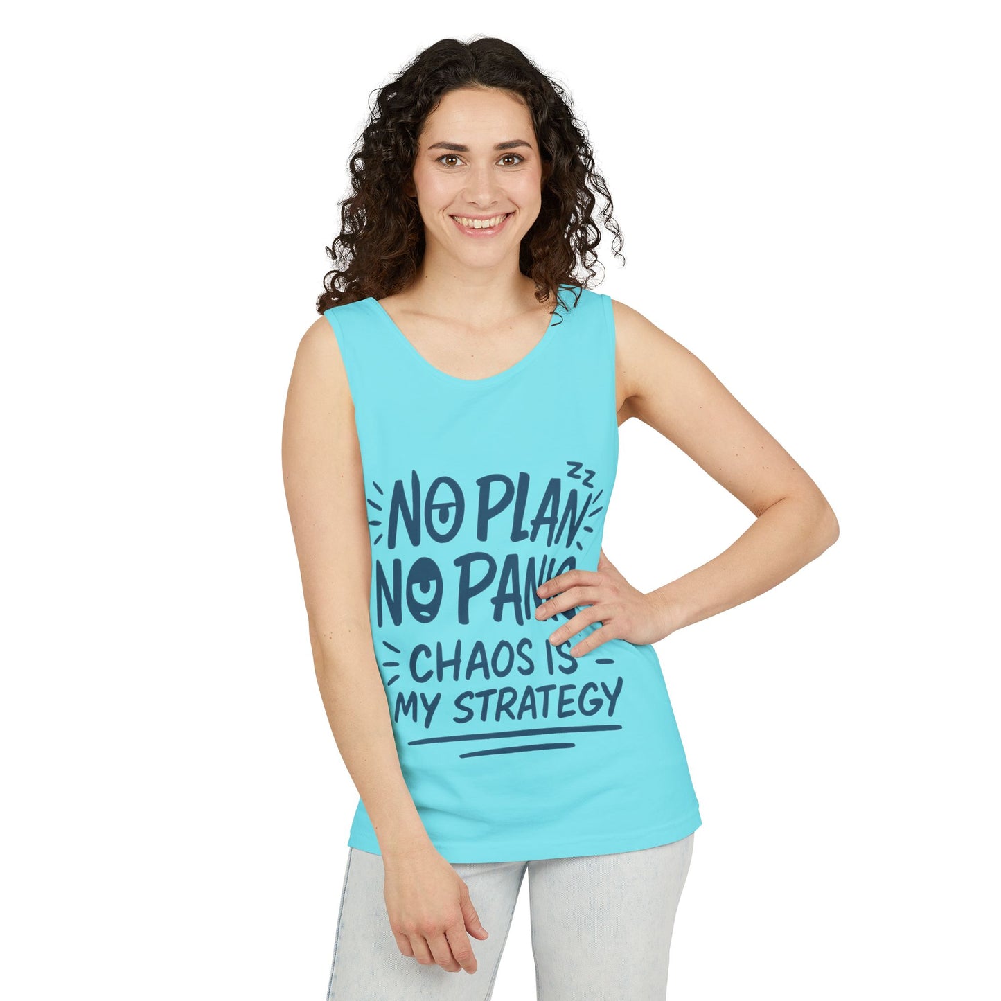 Funny Women's Tank, Chaos Strategy T-Shirt, No Plan No Panic Quote Shirt, Cute Tee for Women, Humorous Gift Idea, Casual Relaxed Fit Top