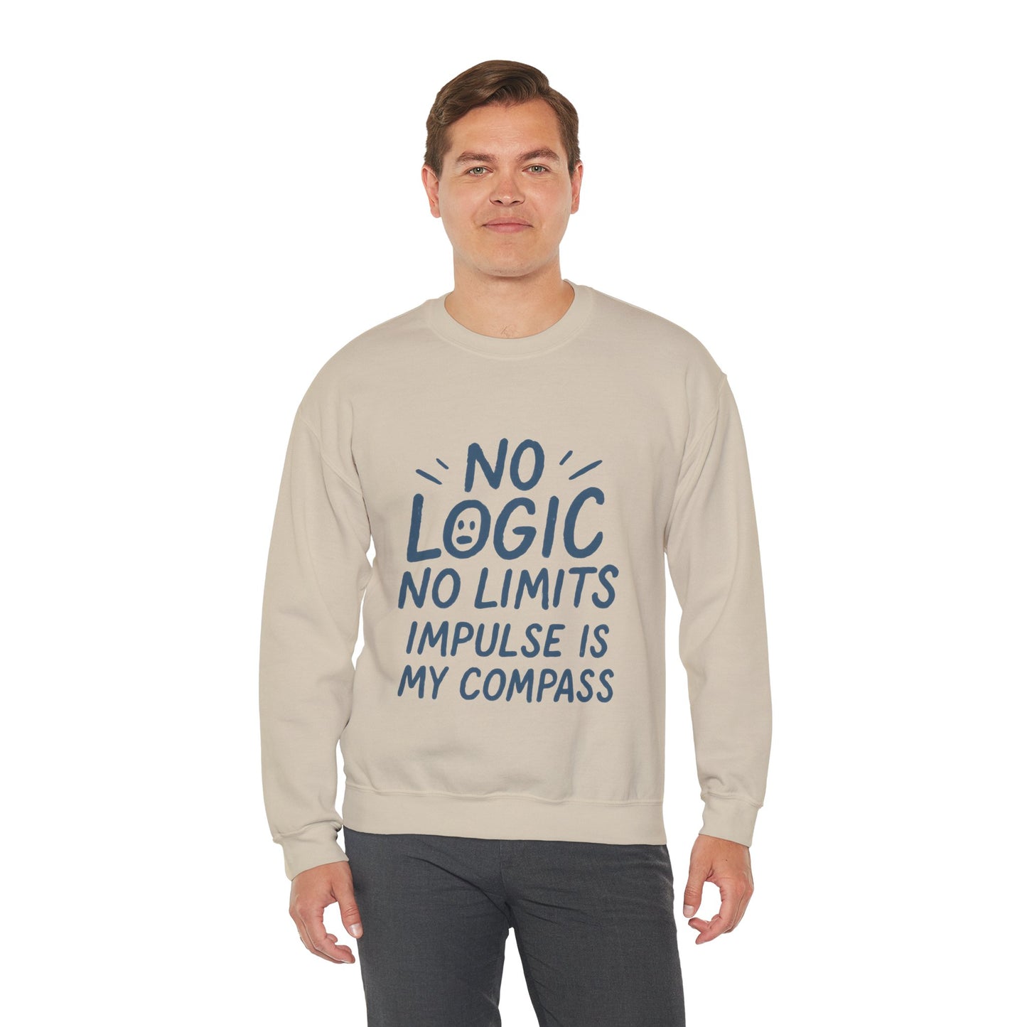 Mens  Motivational Crewneck Sweatshirt,No Logic No Limits Quote,  Casual Wear for Creatives, Cozy Relaxed Fit Pullover