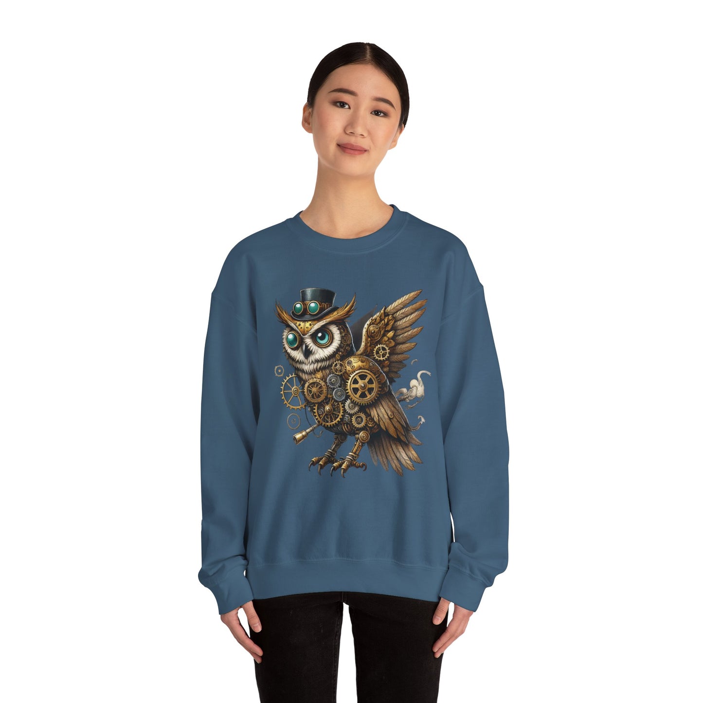 Steampunk Owl Unisex Crewneck Sweatshirt, Vintage Mechanical Gears Fantasy Bird Graphic Pullover, Gift for Owl Lovers