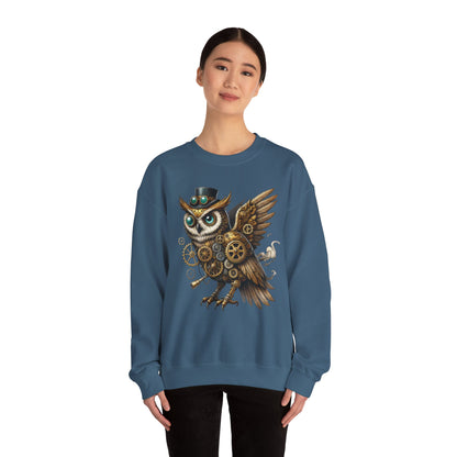 Steampunk Owl Unisex Crewneck Sweatshirt, Vintage Mechanical Gears Fantasy Bird Graphic Pullover, Gift for Owl Lovers