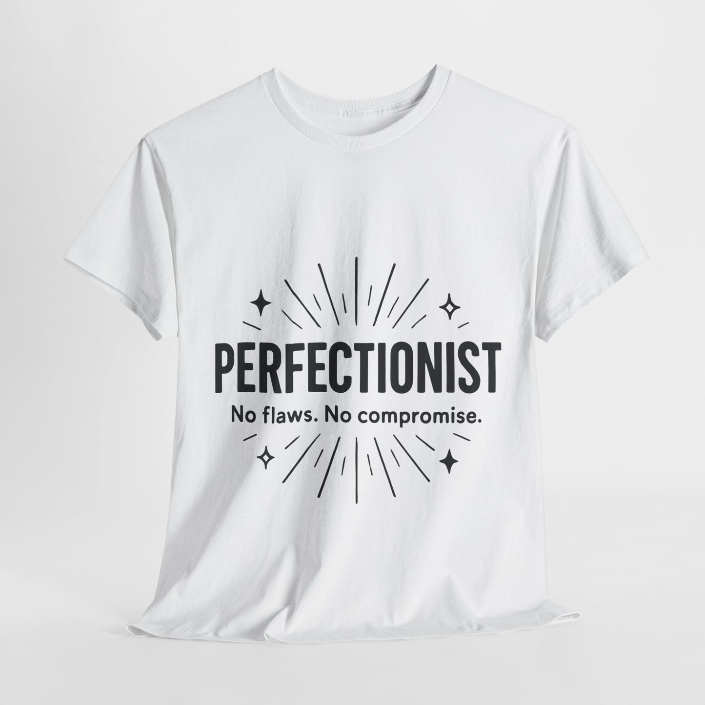 Mens Perfectionist T-Shirt, No Flaws No Compromise, Minimal Bold Graphic Tee, Gift for OCD, Clean Freak, or Detail-Oriented Men