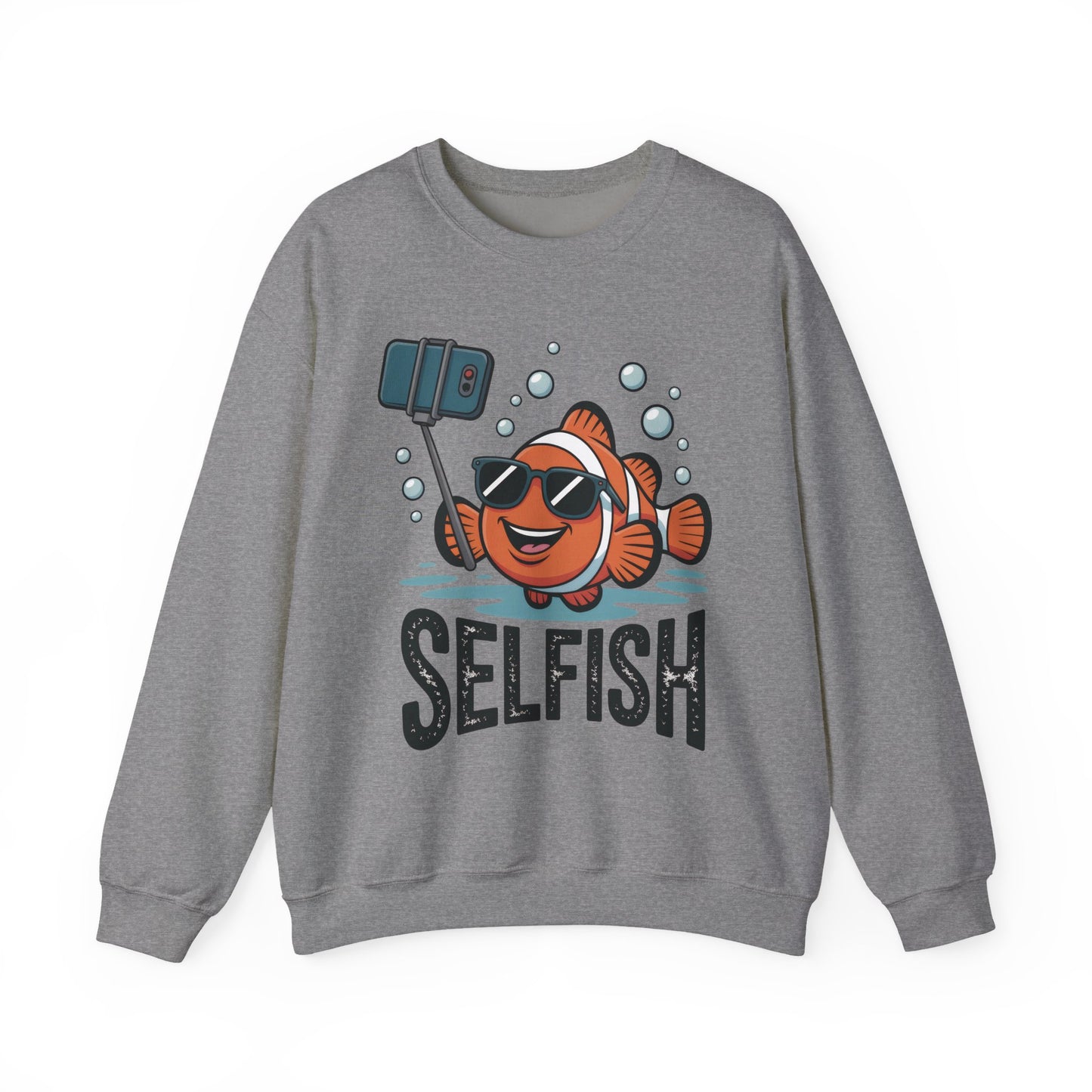 Unisex Heavy Blend™ Crewneck Sweatshirt, Mens Selfish Funny Fish Sweatshirt, Cute Selfie Pullover, Ocean Humor Top