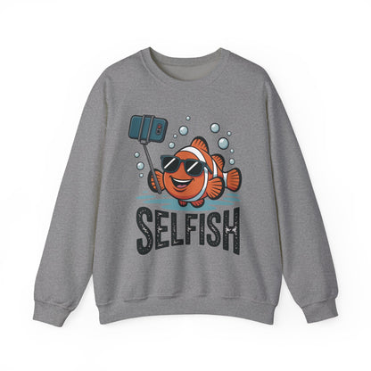 Unisex Heavy Blend™ Crewneck Sweatshirt, Mens Selfish Funny Fish Sweatshirt, Cute Selfie Pullover, Ocean Humor Top