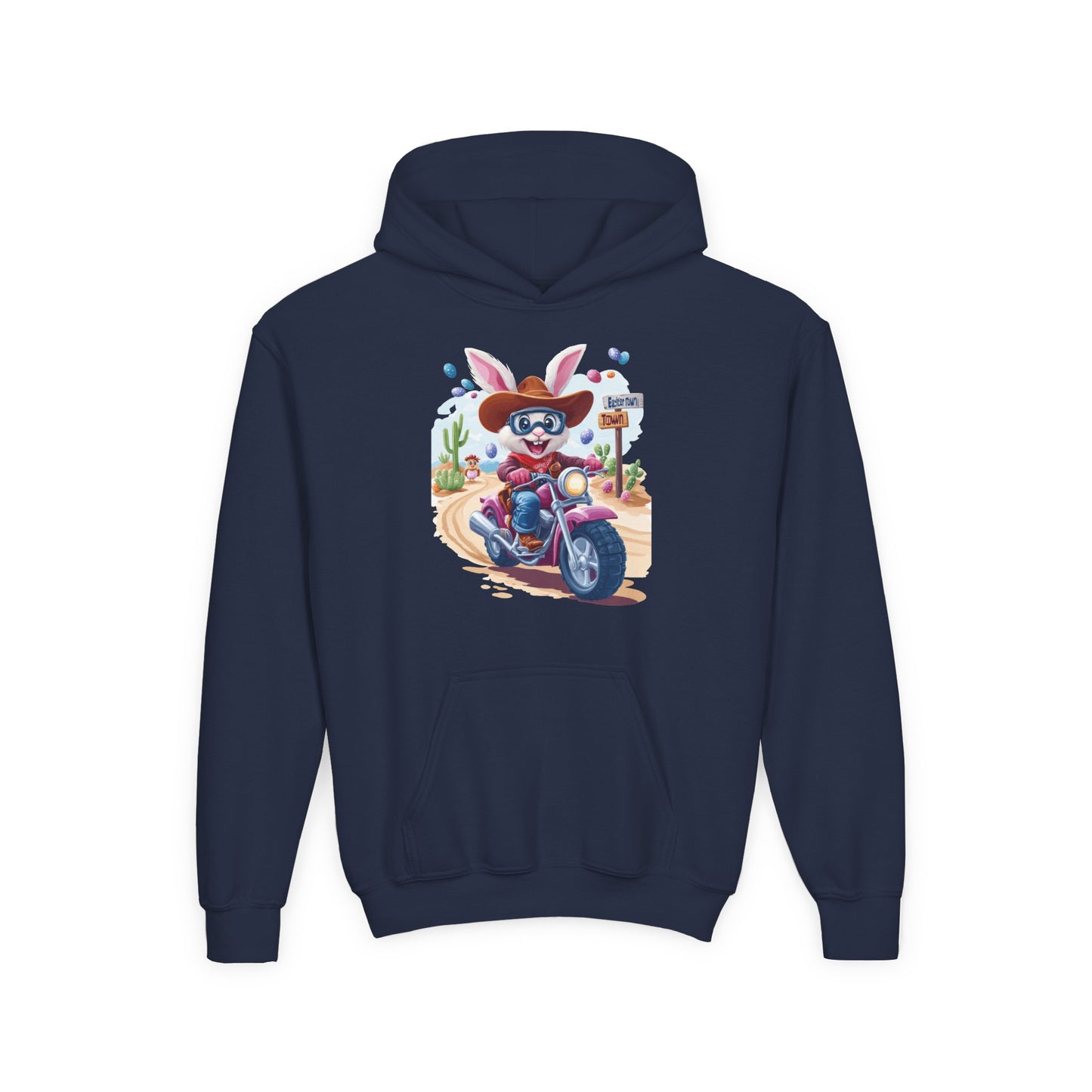 Easter Biker Bunny Youth Hoodie - Fun Spring Sweatshirt for Kids with Cute Motorcycle Bunny, Perfect for Easter & Holiday Gifting