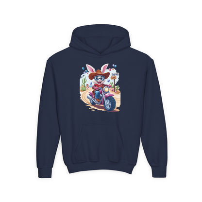 Easter Biker Bunny Youth Hoodie - Fun Spring Sweatshirt for Kids with Cute Motorcycle Bunny, Perfect for Easter & Holiday Gifting