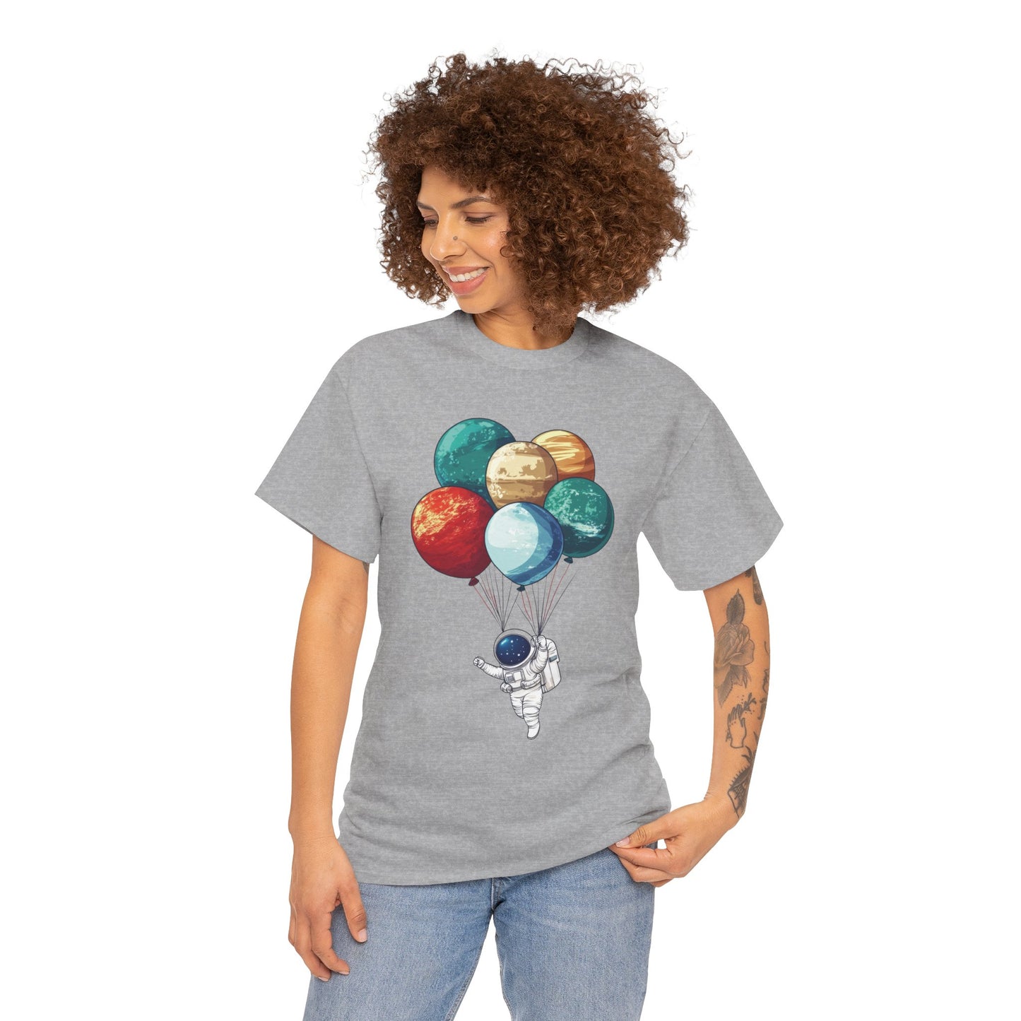 Astronaut with Planet Balloons T-Shirt, Space Lover Unisex Tee, Outer Space Graphic Shirt, Space Theme Shirt, Cosmic Adventure Top