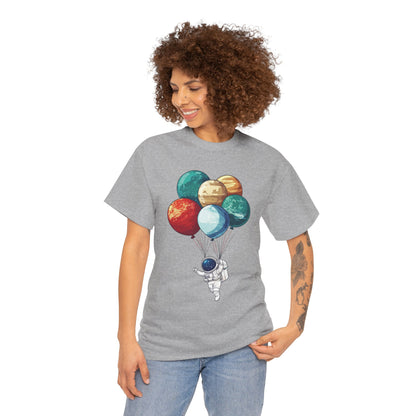 Astronaut with Planet Balloons T-Shirt, Space Lover Unisex Tee, Outer Space Graphic Shirt, Space Theme Shirt, Cosmic Adventure Top