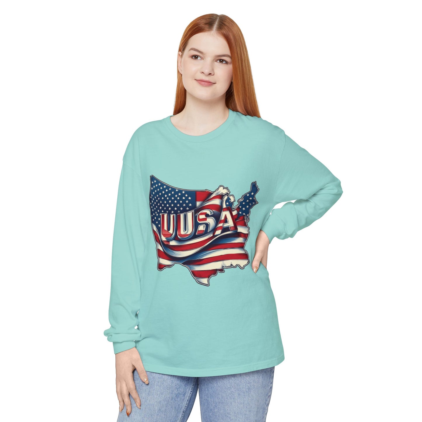 USA Flag Long Sleeve Tee, Unisex Garment-Dyed Shirt, Patriotic Top, All-American Apparel, Independence Day Style, Comfortable Casual Wear