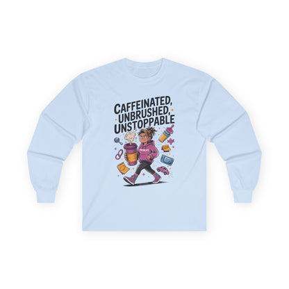 Caffeinated Mom Long Sleeve, Mother's Day Gift,New Mother Tired Mother Gift, Coffee Lover Gift, Coffee Addict Mom Long Sleeve Tee