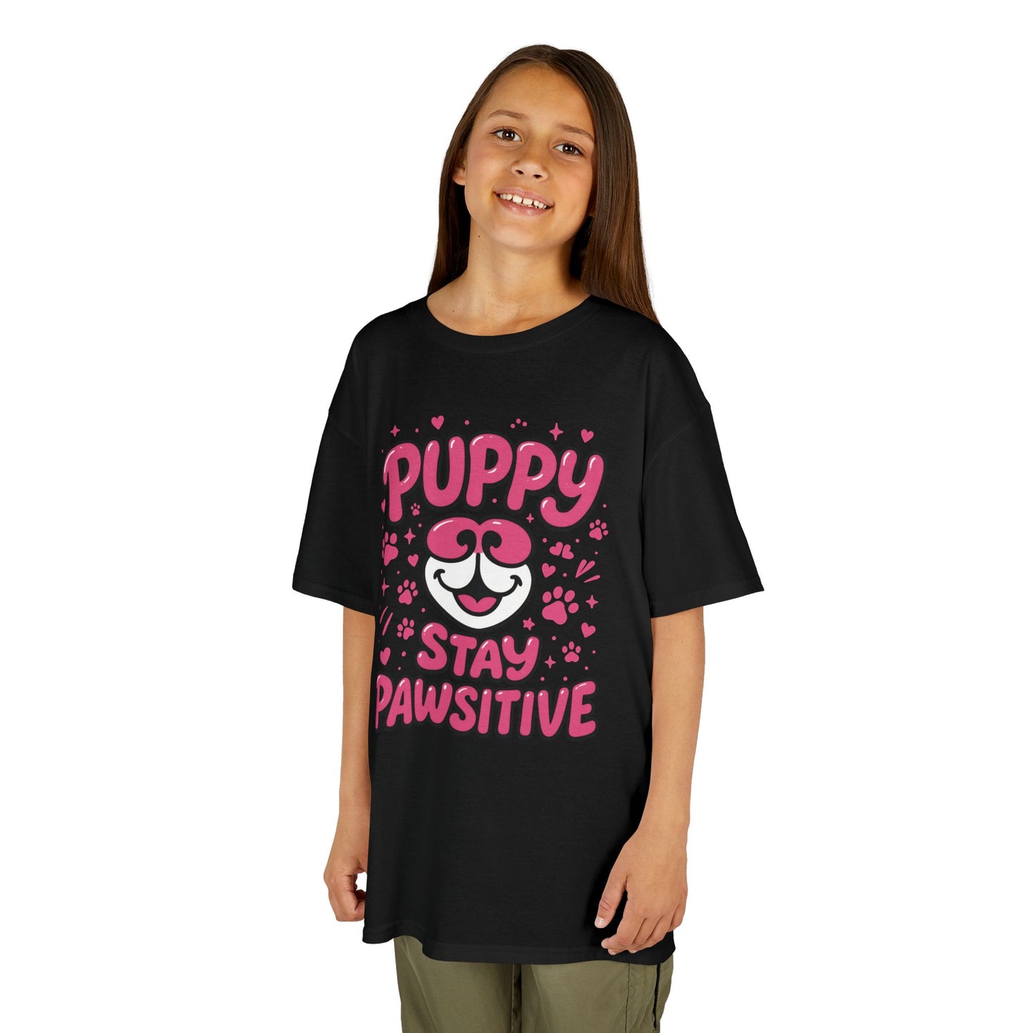 Puppy Stay Pawsitive Youth T-Shirt - Cute Positive Dog Shirt for Teens - Fun Puppy Paw Graphic Kids Tee, Kids Gift, Pet Lover Shirt