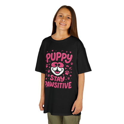 Puppy Stay Pawsitive Youth T-Shirt - Cute Positive Dog Shirt for Teens - Fun Puppy Paw Graphic Kids Tee, Kids Gift, Pet Lover Shirt