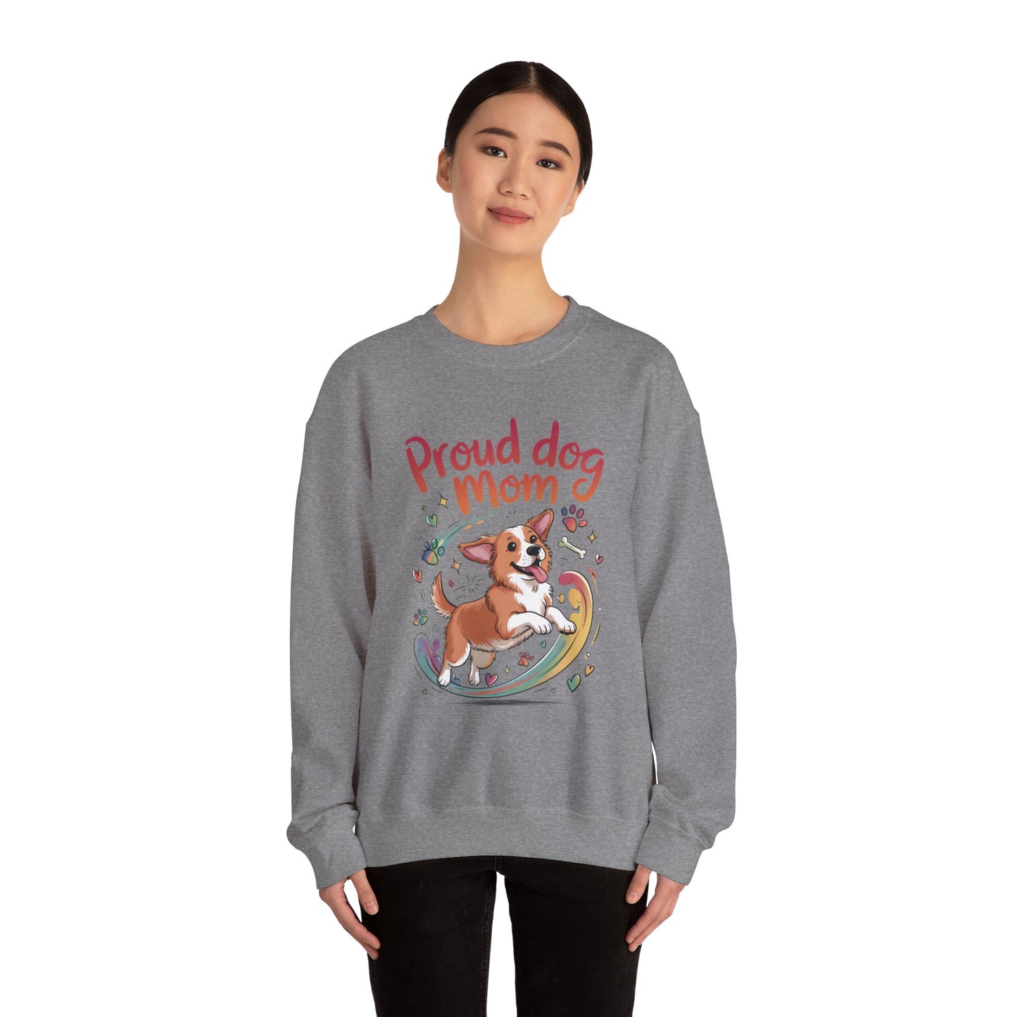 Proud Dog Mom Crewneck Sweatshirt, Pet Lover Gift, Dog Mom Apparel, Animal Lover Clothing, Gift for Dog Moms, Puppy Paw Rainbow Print
