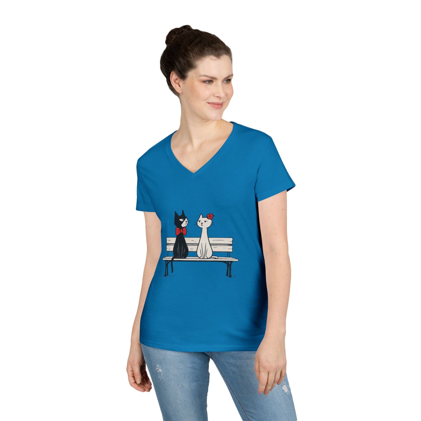 Cute Cat Lovers V-Neck T-Shirt, Casual Wear, Gift for Her, Pet Lovers, Best Friend Gift, Cute Cat Design, Valentine's Day, Cat Love
