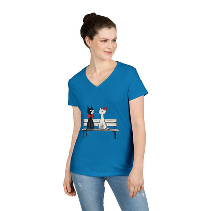 Cute Cat Lovers V-Neck T-Shirt, Casual Wear, Gift for Her, Pet Lovers, Best Friend Gift, Cute Cat Design, Valentine's Day, Cat Love