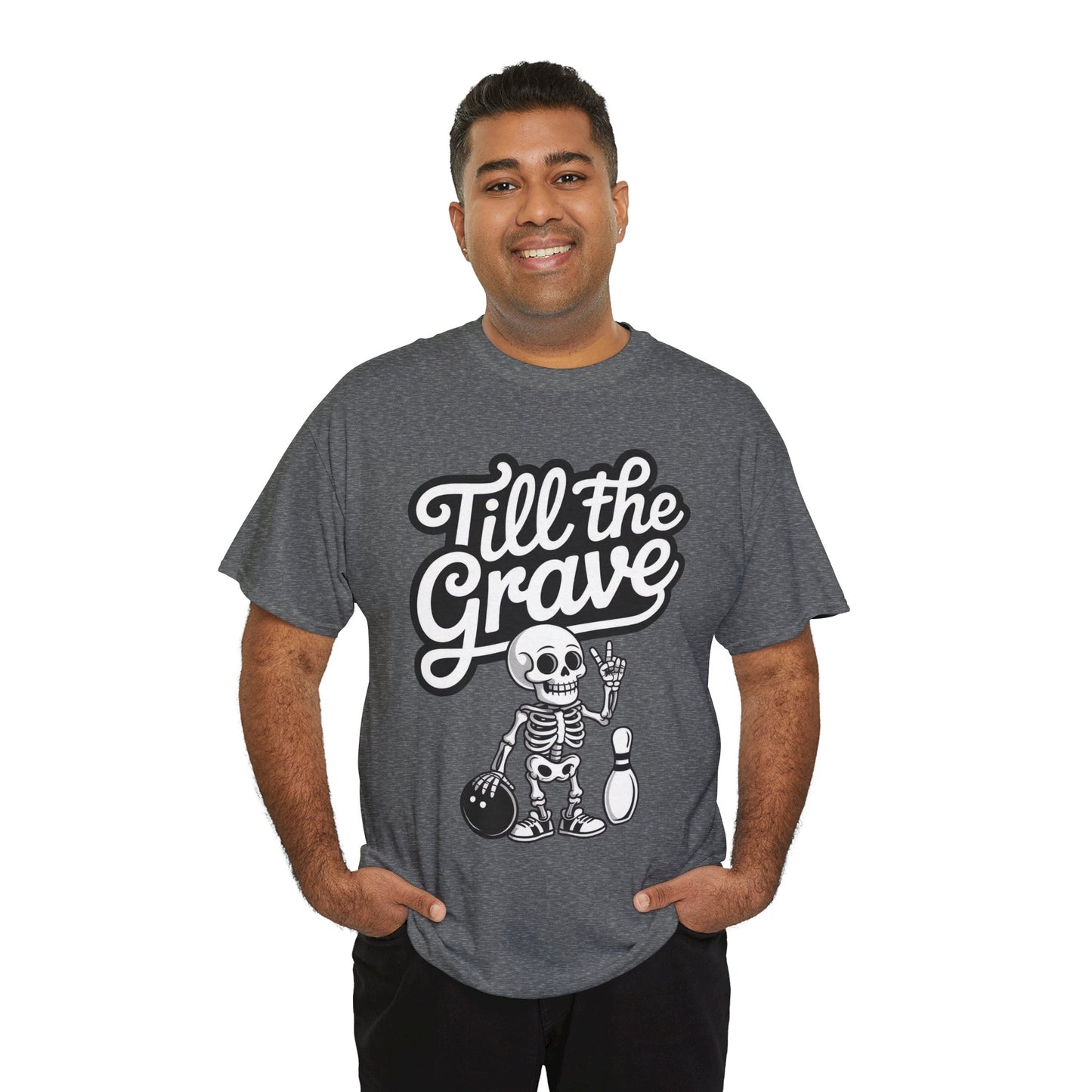 Skeleton Bowling Graphic Tee, Mens Heavy Cotton Tee, Funny Halloween Shirt, Gift for Bowlers, Retro Style Apparel, Casual Wear