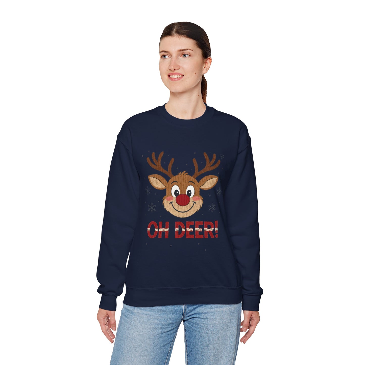 Womens Oh Deer Christmas Sweatshirt, Cute Reindeer Holiday Pullover, Women's Crewneck Sweatshirt