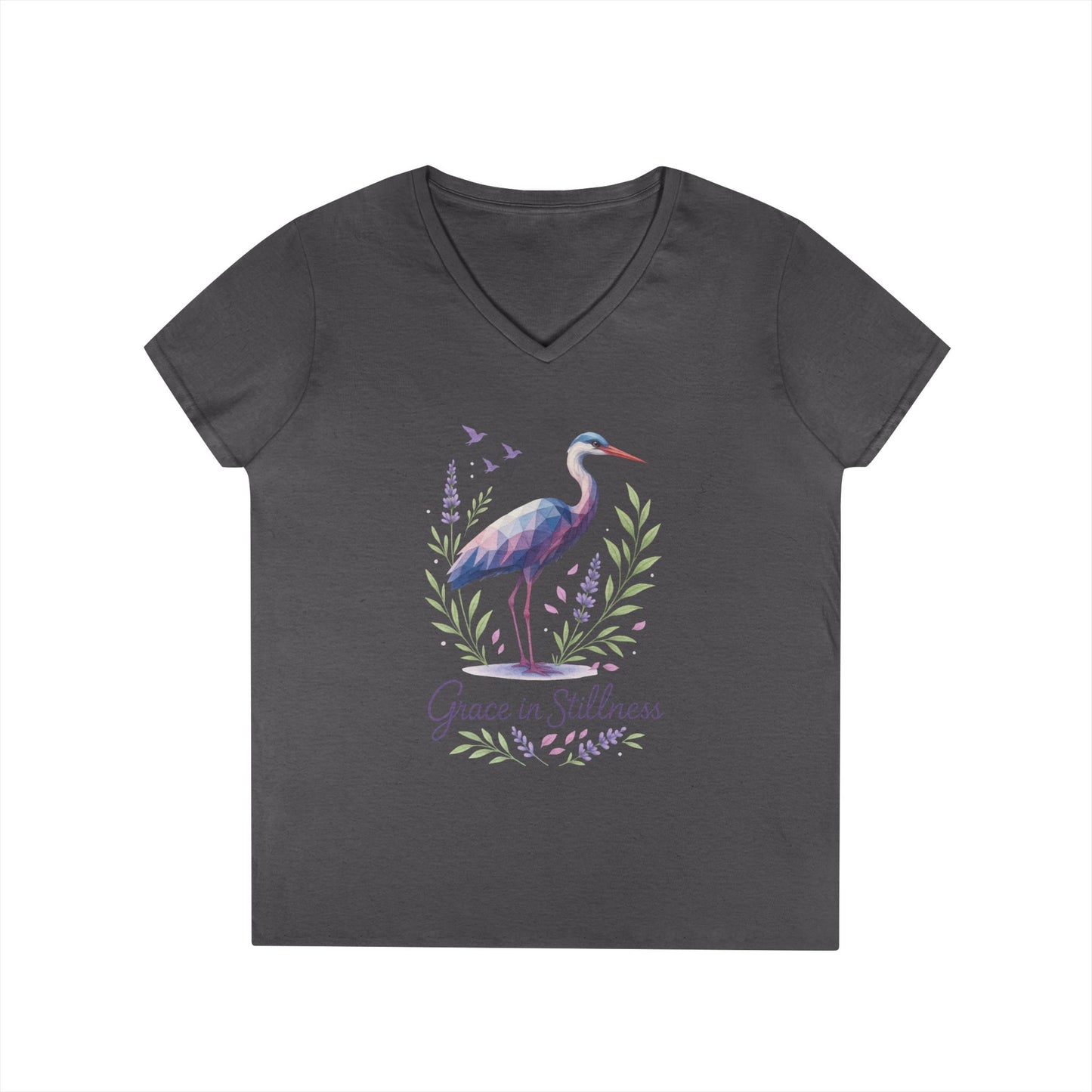 Ladies' V-Neck T-Shirt with Heron Design - Grace in Stillness, Relaxed Fit, Nature-Inspired Gift, Travel Tee, Summer Fashion