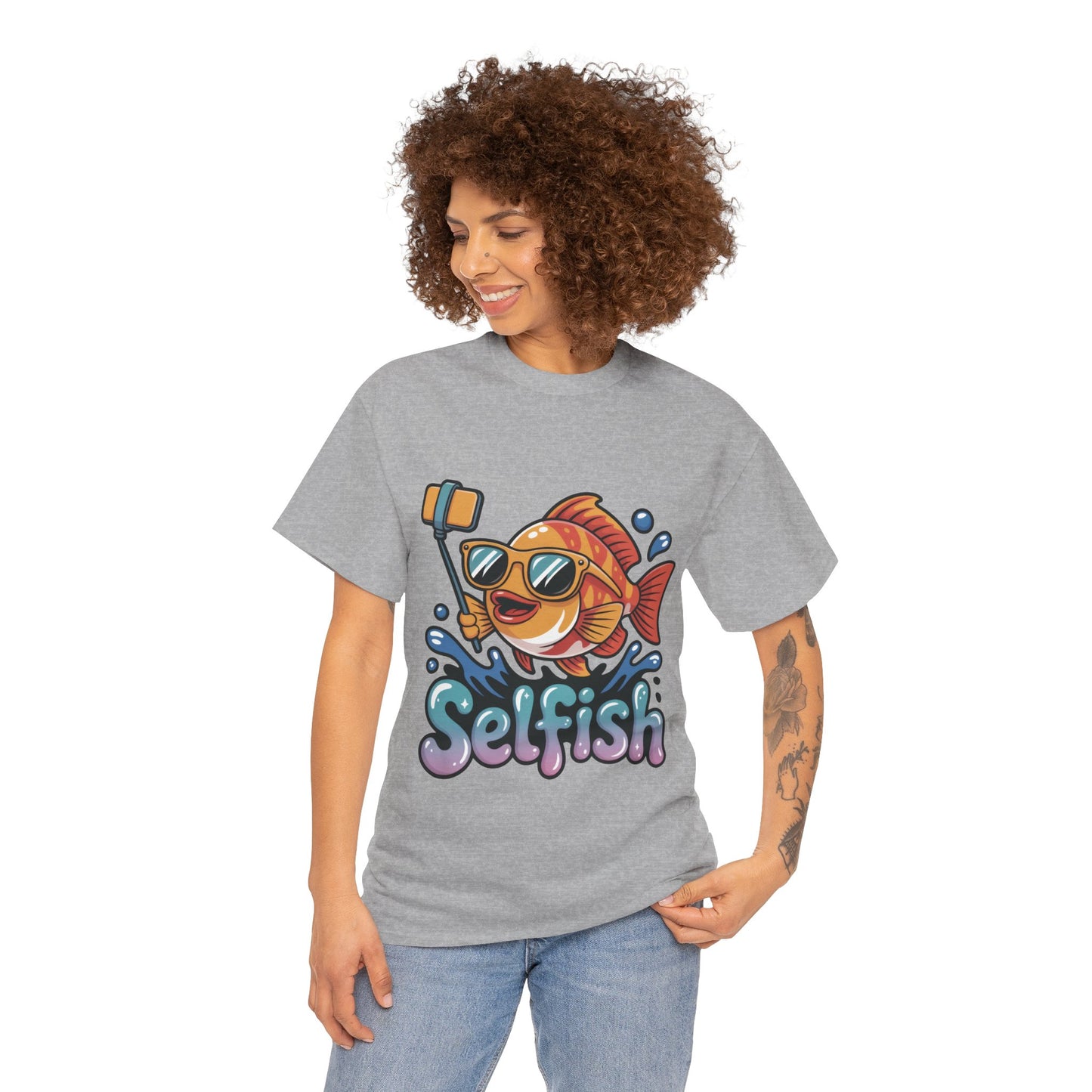 Funny Selfie Fish Graphic Womens T-Shirt, Playful Pun Gift for Her, Summer Vibes, Unique Beach Shirt, Outdoor Adventures