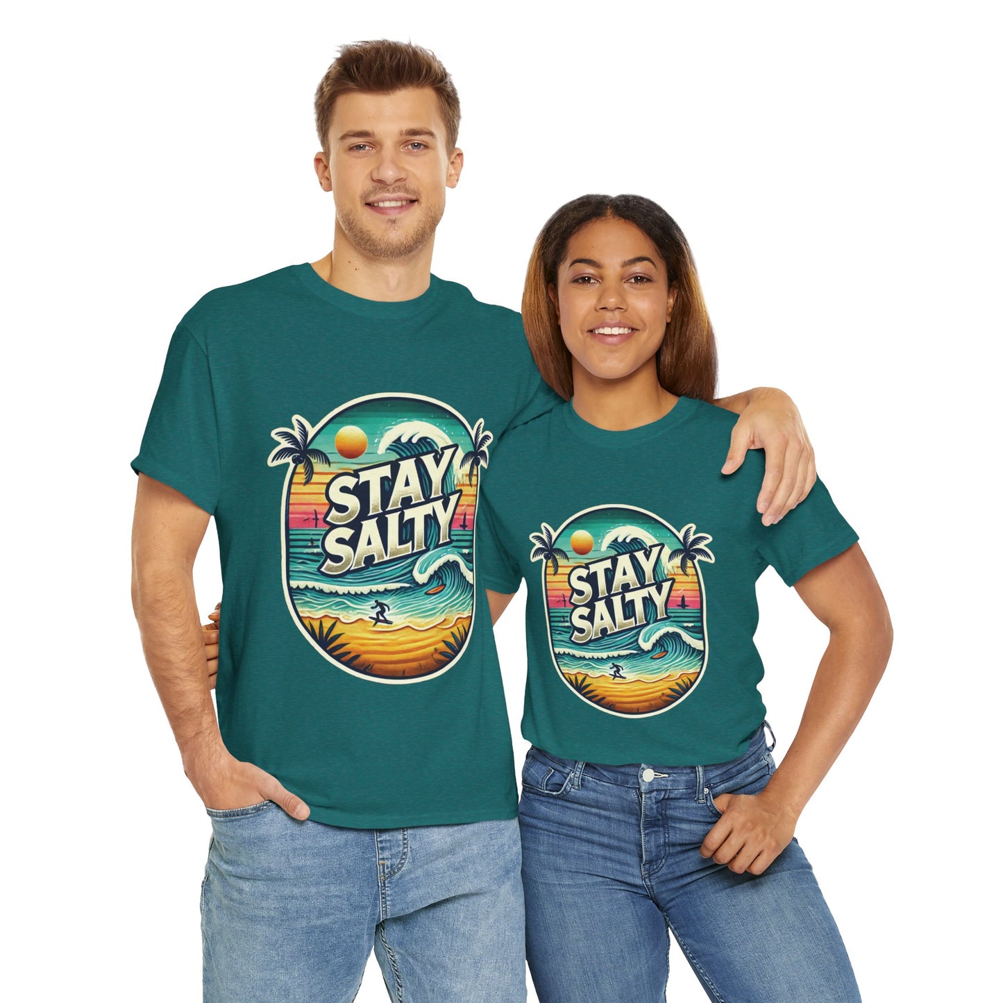 Stay Salty Retro Surf Unisex Heavy Cotton Tee, Vintage Beach Sunset Graphic T-Shirt, Summer Ocean Wave Surfer Shirt, Ocean Lover Gift