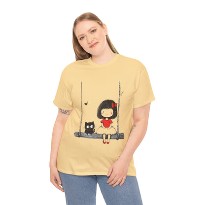 Cute Cat & Girl Graphic Tee, Playful Gift for Cat Lovers, Cat and Girl Design, Gift for Cat Owners, Women's Cotton T-Shirt