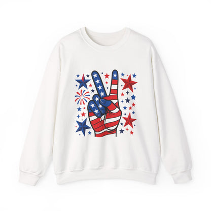 Patriotic Peace Crewneck Sweatshirt - Unisex Heavy Blend, 4th of July Clothing, Peace Sign Design, Casual Wear, Gift for Him/Her