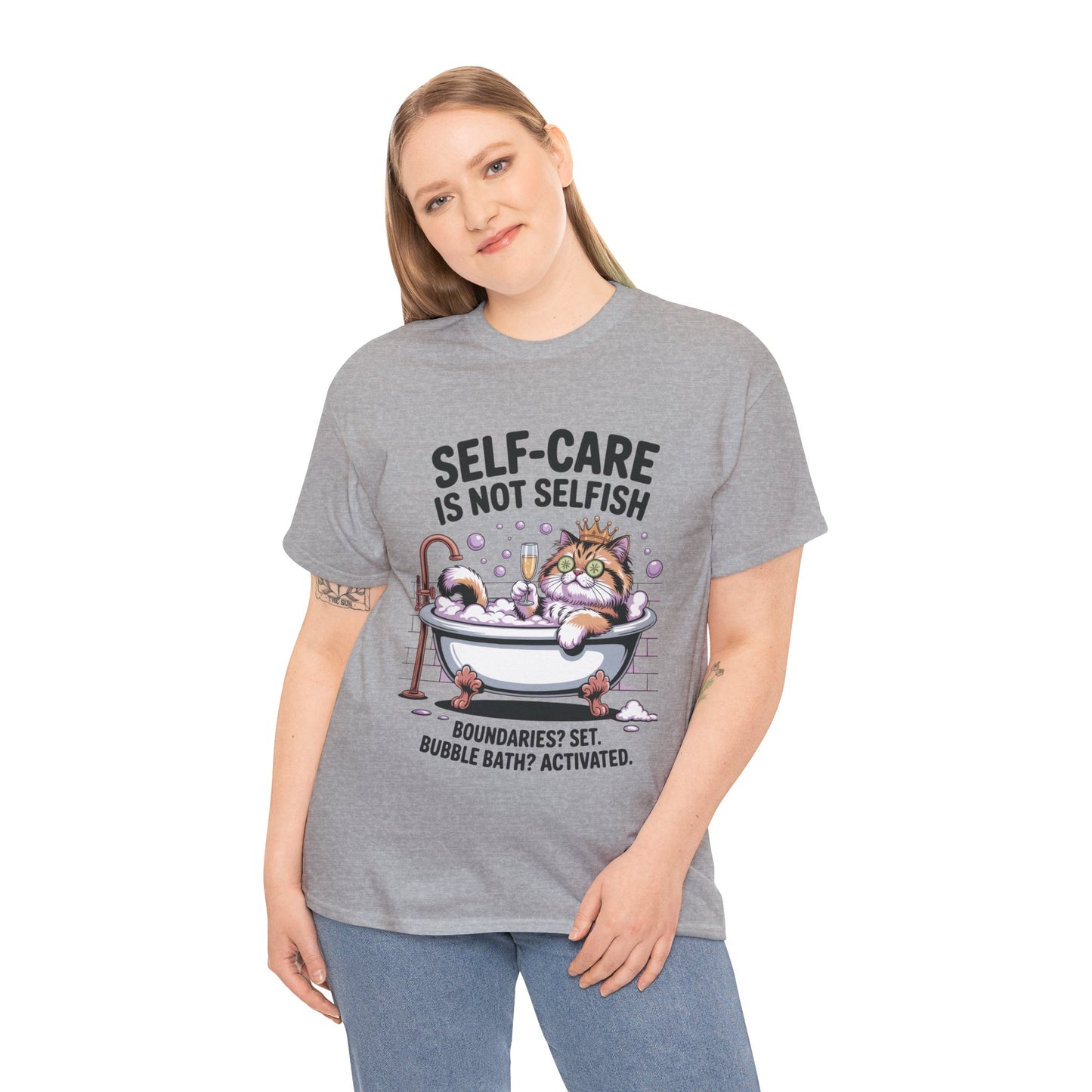 Womens Heavy Cotton Tee, Self-Care Cat Shirt, Funny Cat Bubble Bath Tee, Relaxing Kitty Graphic, Self Care Is Not Selfish Womens T-Shirt