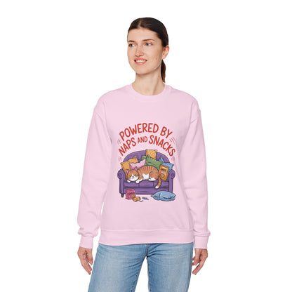 Powered by Naps and Snacks Sweatshirt, Cozy Lounge Crewneck, Gifts for Cat Lovers, Funny Cat Sweatshirt, Casual Everyday Wear