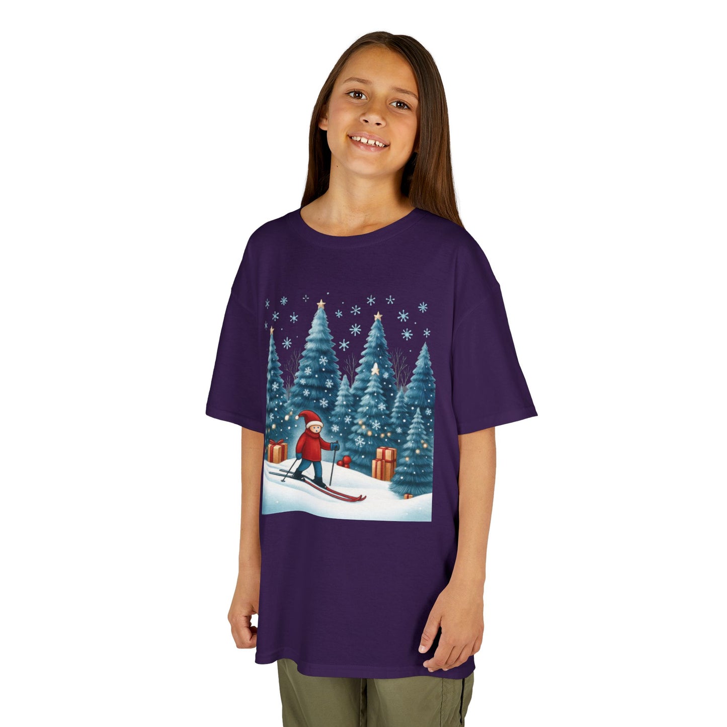 Kids Christmas Skiing T-Shirt, Cute Winter Holiday Graphic Tee, Kids Heavy Cotton™ Tee