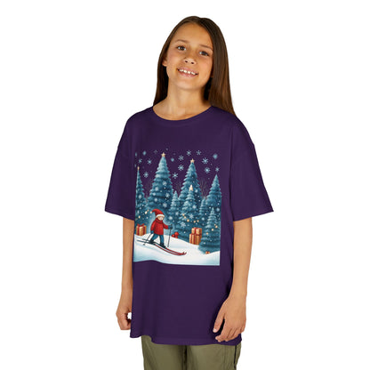 Kids Christmas Skiing T-Shirt, Cute Winter Holiday Graphic Tee, Kids Heavy Cotton™ Tee