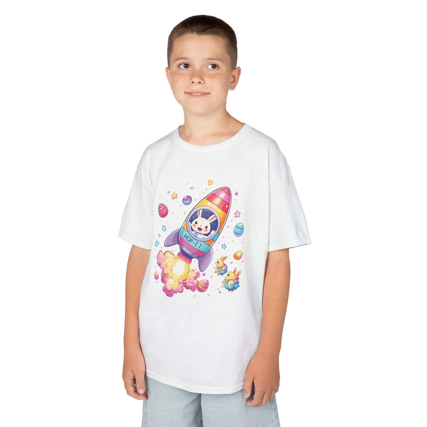 Easter Astronaut Bunny Kids T-Shirt - Cute Space Rocket Bunny with Colorful Eggs, Fun Spring Tee for Boys and Girls, Holiday Gift Idea