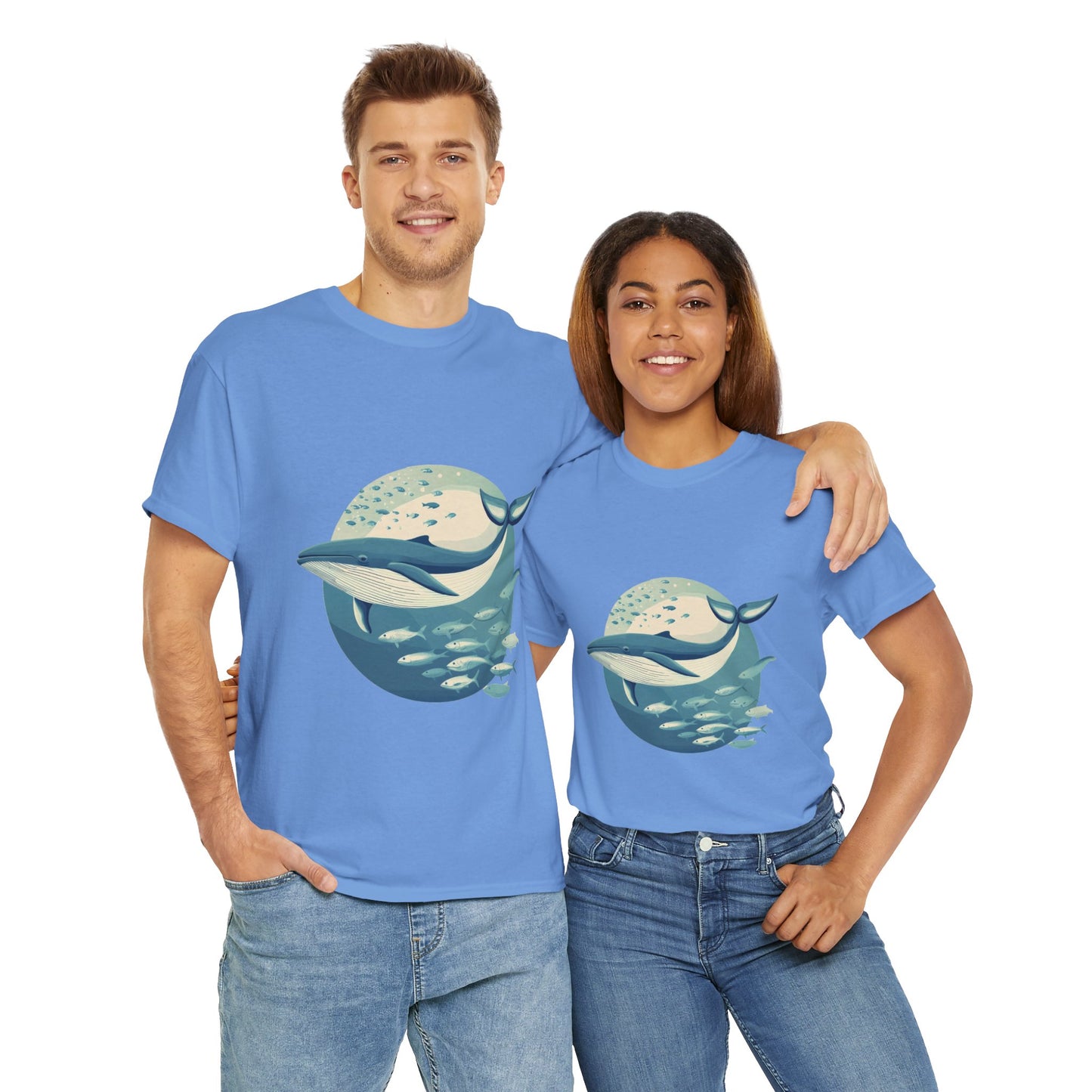 Whale and Fish Unisex Heavy Cotton Tee, Ocean Lover Shirt, Nature Tee, Sea Creature Gift, Casual Summer Top, Ocean Whale Graphic Tee