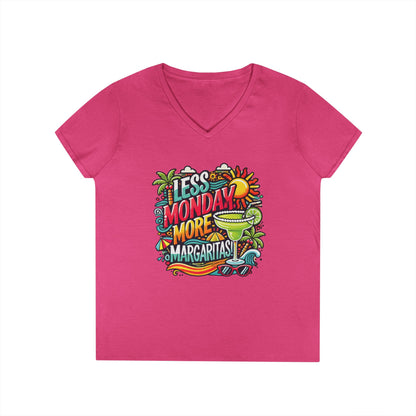 Less Monday More Margaritas Ladies' V-Neck T-Shirt, Funny Summer Cocktail Shirt, Tropical Vacation Tee for Women, Party Tee, Weekend Vibes
