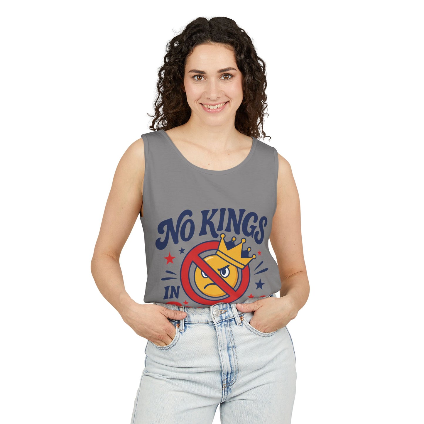 No Kings in America Tank Top - Funny Patriotic Anti Monarchy Sleeveless Shirt - USA Freedom Top, Unisex Summer Apparel, USA Independence Day