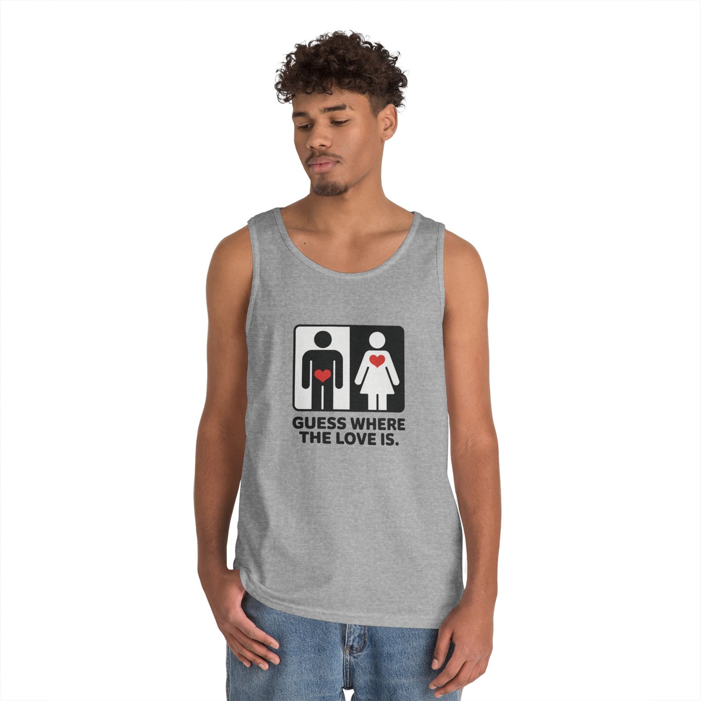 Cute Guess Where The Love Is Mens Tank, Couples Gift, Valentines Day Gift, Relationship Humor Shirt, Funny Tank for Him, Bold Love Joke Tank