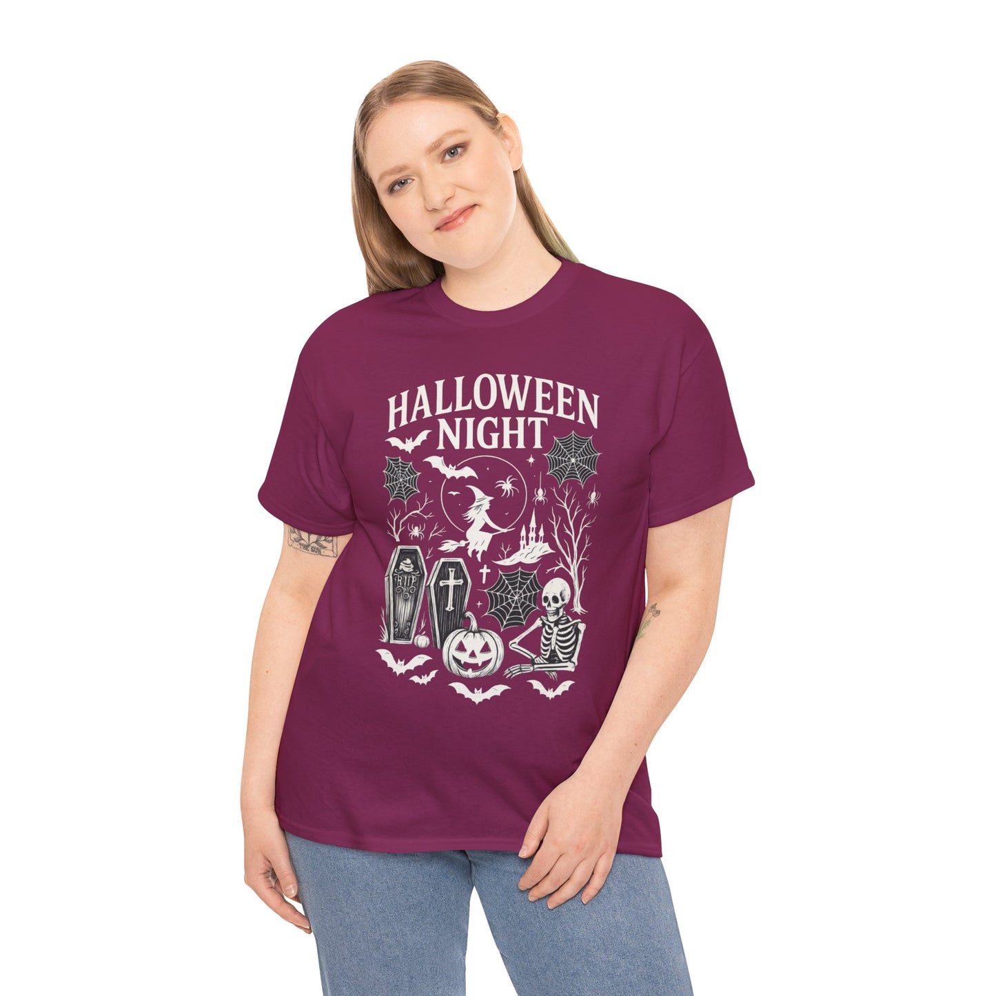 Halloween Night Women's T-Shirt, Gothic Witch Skeleton Pumpkin Tee, Spooky Scary Shirt for Halloween Party