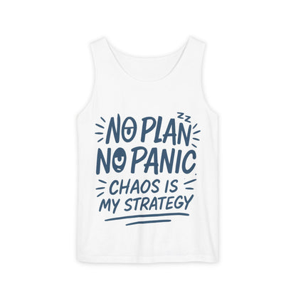 Funny Chaos Quote Mens Tank Top, No Plan No Panic Humor Shirt, Casual Graphic Tee Gift for Him, Relaxed Fit, Workout Gym Humor Shirt