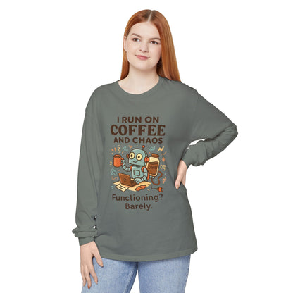 Coffee Chaos Long Sleeve Tee, Funny T-Shirt, Quirky Gift for Coffee Lovers, Unisex Top for Busy Lives, Work from Home Humor Tee