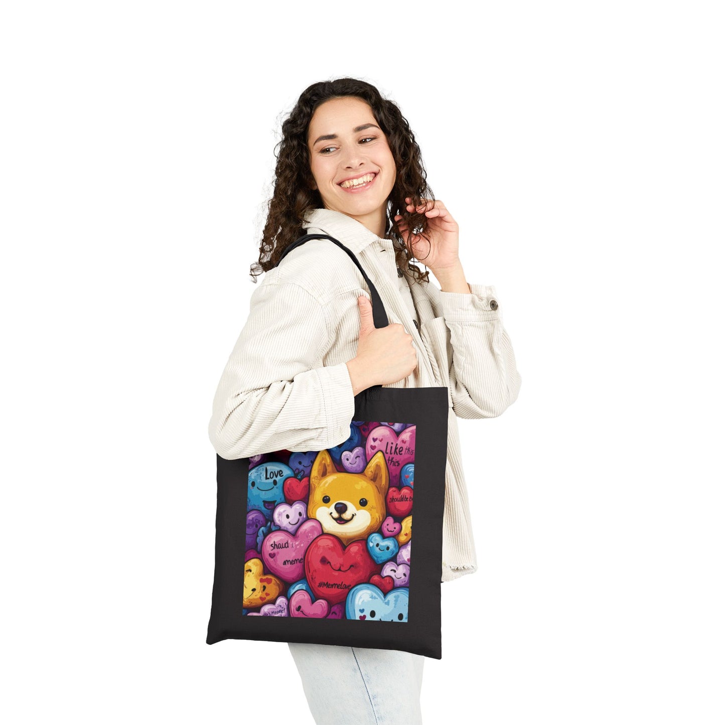 Cute Shiba Inu Heart Tote Bag, Kawaii Dog Meme Canvas Bag, Colorful Cartoon Love Shopper Gift for Dog Lovers & Valentine's Day