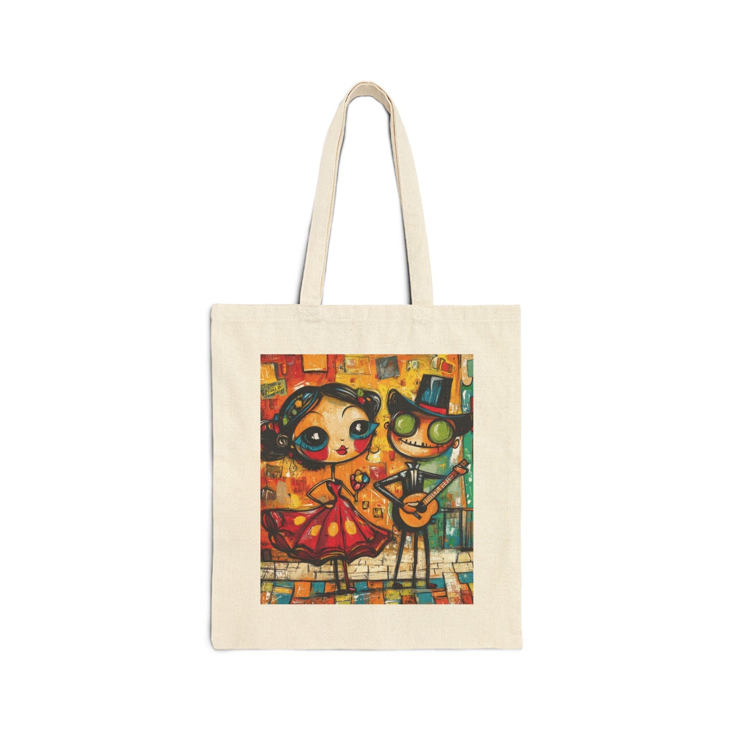 Colorful Cartoon Art Tote Bag, Quirky Gothic Skeleton and Flamenco Girl Illustration, Cotton Canvas Shopping Bag, Funky Day of the Dead Gift