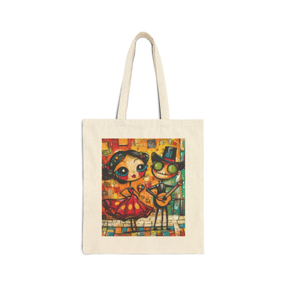 Colorful Cartoon Art Tote Bag, Quirky Gothic Skeleton and Flamenco Girl Illustration, Cotton Canvas Shopping Bag, Funky Day of the Dead Gift