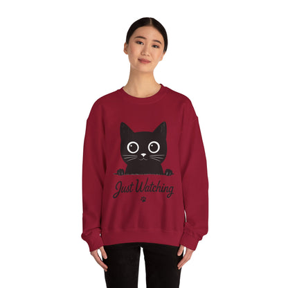 Funny Black Cat Womens Crewneck Sweatshirt - Just Watching Minimalist Kitty Pullover - Cozy Cat Lover Gift, Pet Owner Apparel