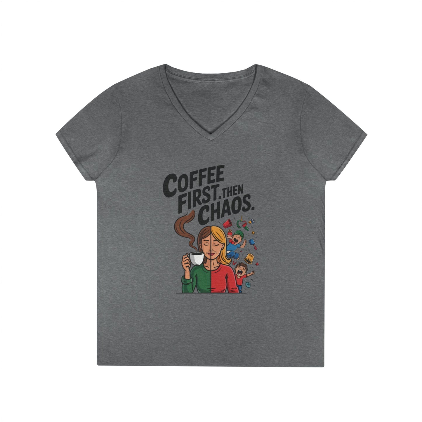 Coffee First Then Chaos V-Neck T-Shirt, Funny Mom Life Shirt, Mother's Day Gift, Mom Humor Tee, mom graphic tee, caffeine lover tee